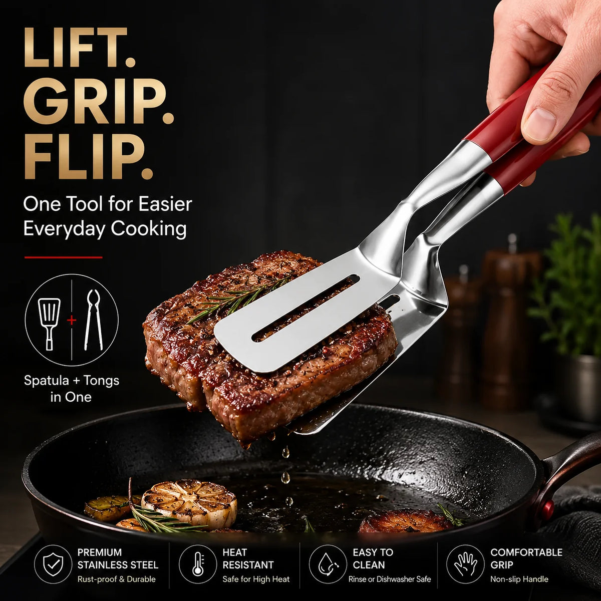 2-In-1 Spatula Tongs Heat-Resistant Non-Slip Grip