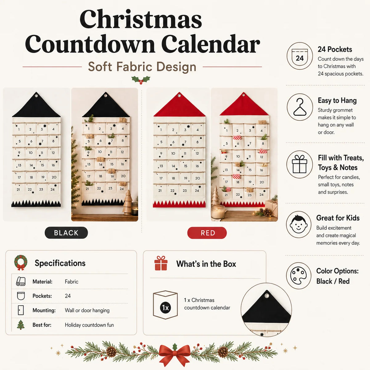 Advent Calendar Fabric Wall Hanging 24 Numbered Pockets Foldable For Storage