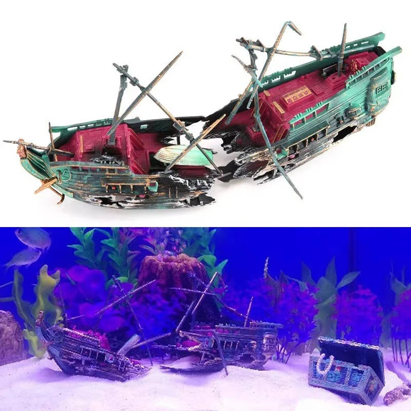 Aquarium Decoration Sunken Boat Built-In Air Tubing