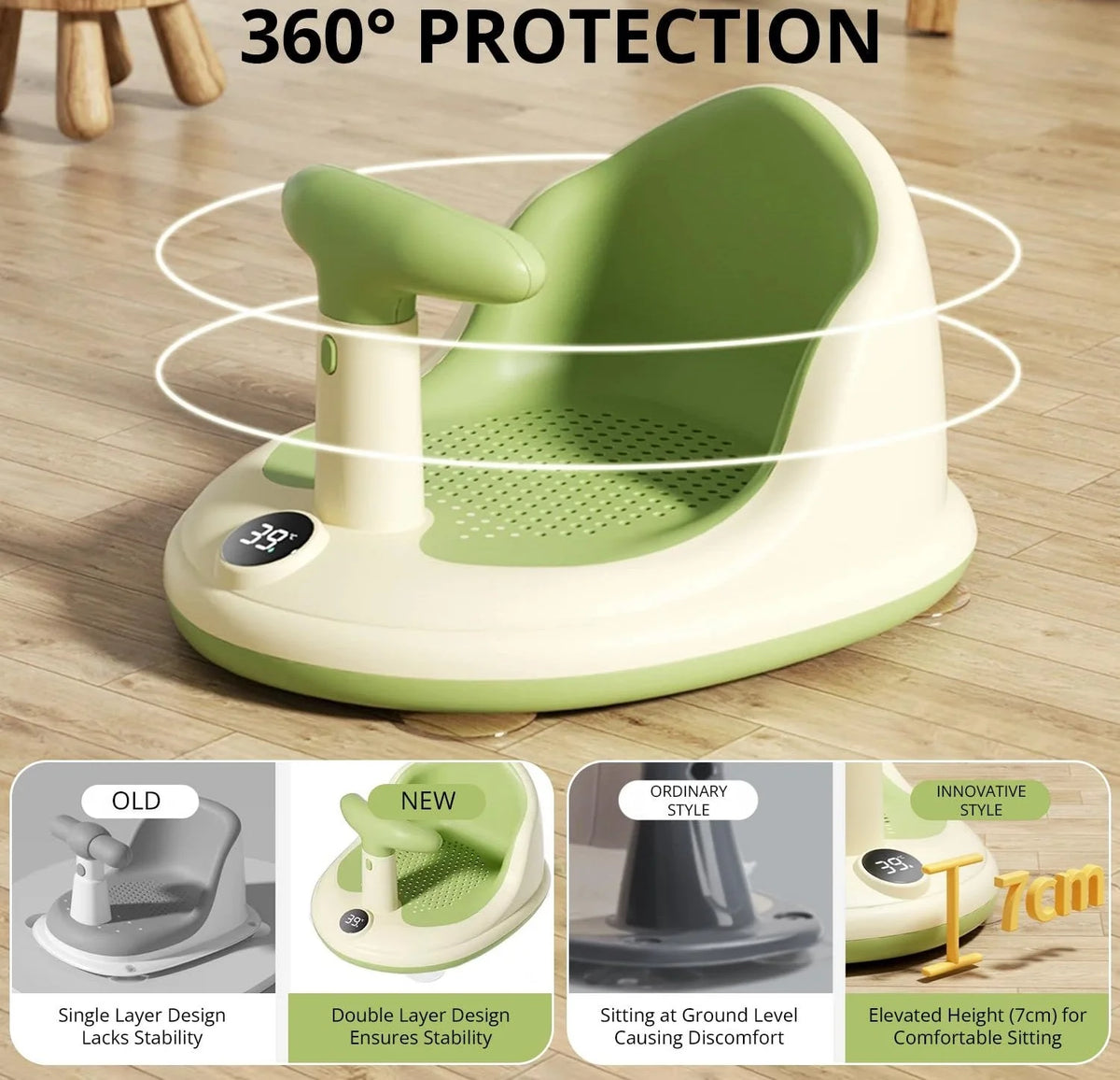 Baby Bath Seat Suction Cup Breathable Mesh & Thermometer