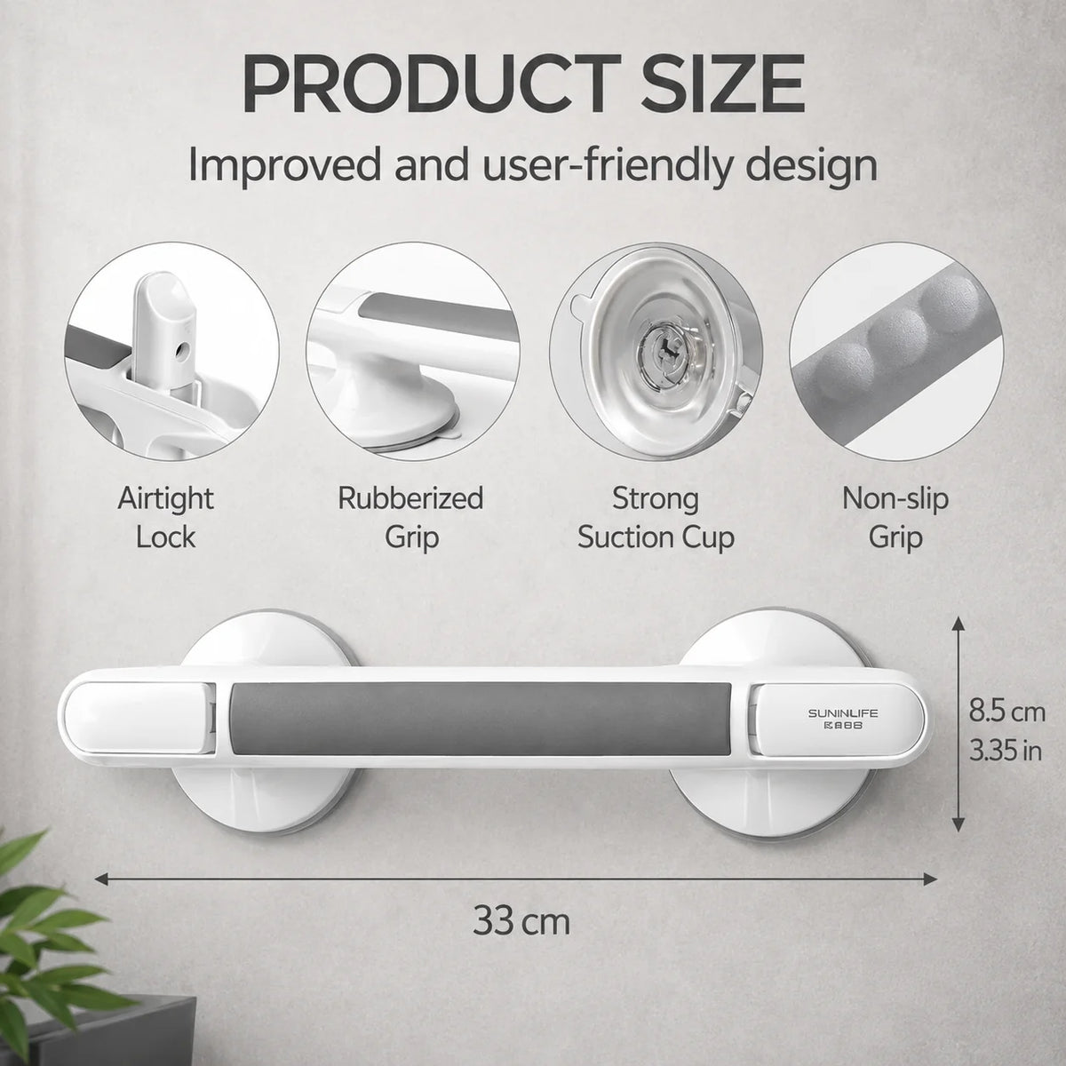 Bath Grab Bar No-Drill Suction Lock Textured Non-Slip Grip
