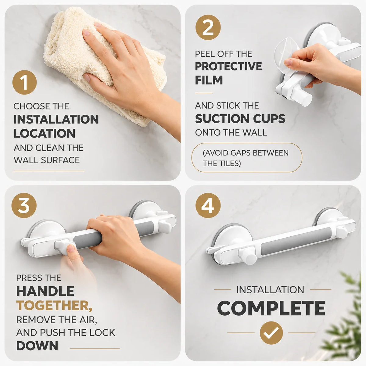 Bath Grab Bar No-Drill Suction Lock Textured Non-Slip Grip
