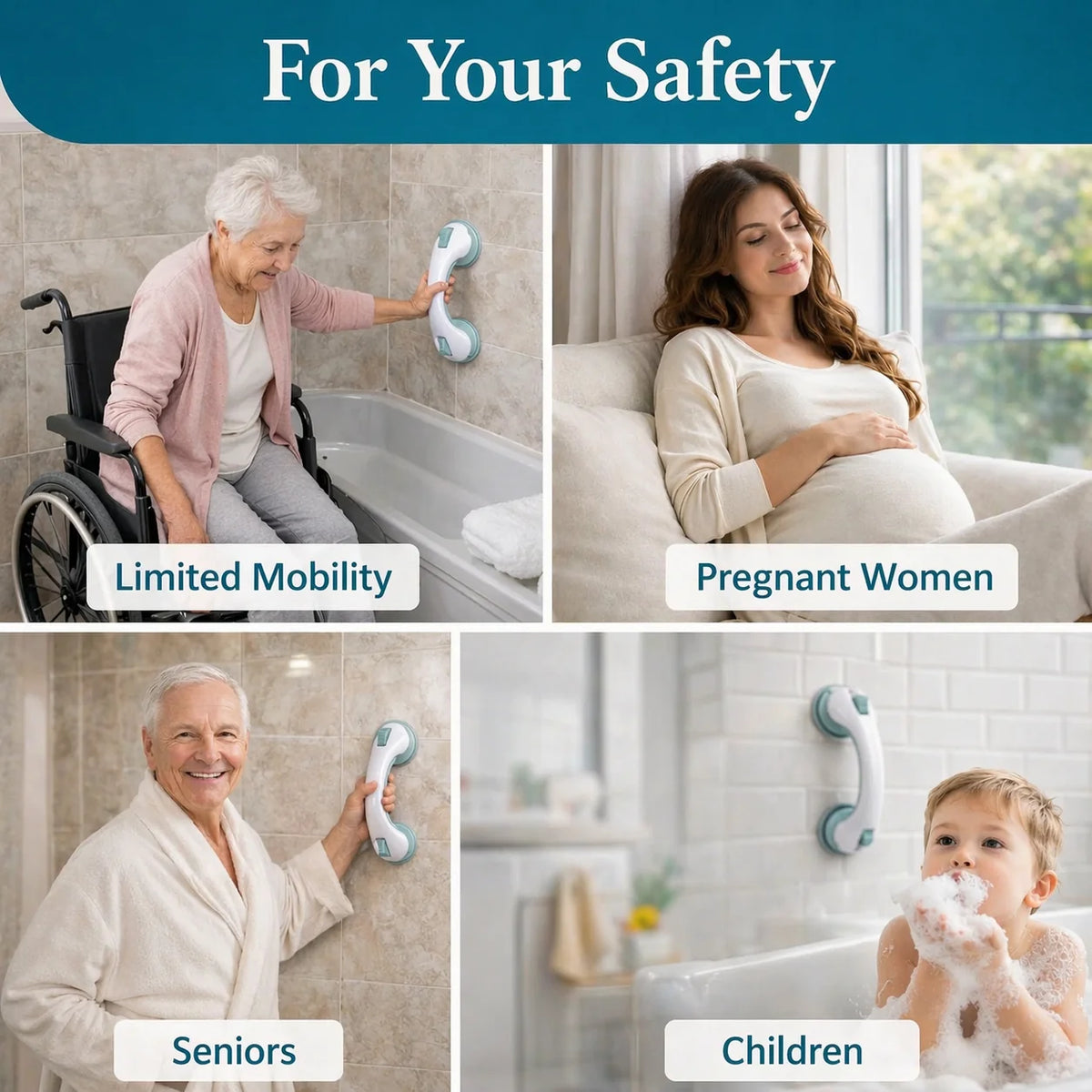 Bathroom Grab Bar Drill-Free Suction Mount Ergonomic Handle