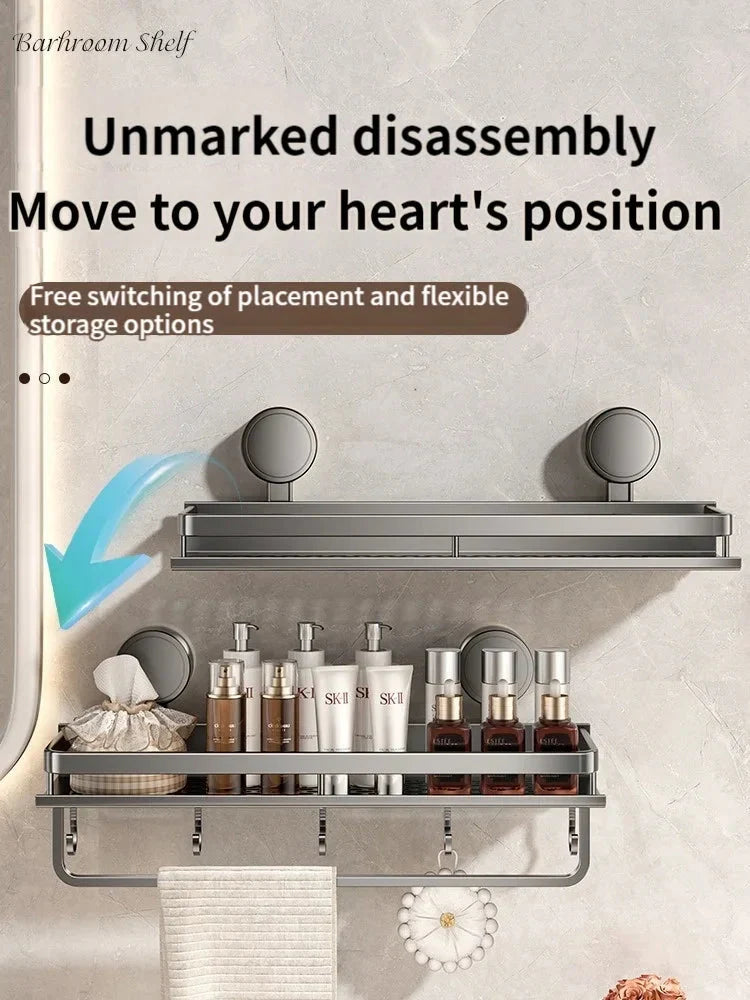 Bathroom Shelf Suction Cup Drill-Free Aluminum Drip Tray & Hooks