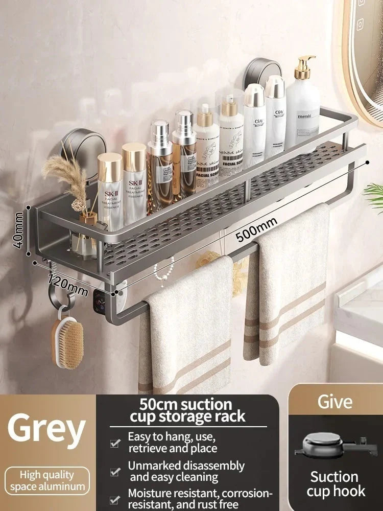 Bathroom Shelf Suction Cup Drill-Free Aluminum Drip Tray & Hooks