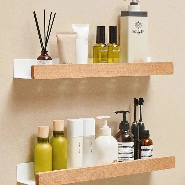 Bathroom Wall Shelf Self-Adhesive Moisture-Resistant Wood Finish