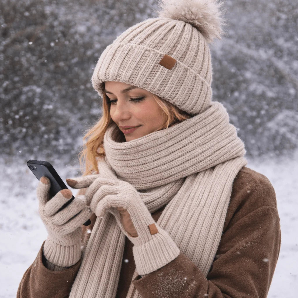 Beanie Scarf & Gloves Set Knitted Touchscreen 3-Piece