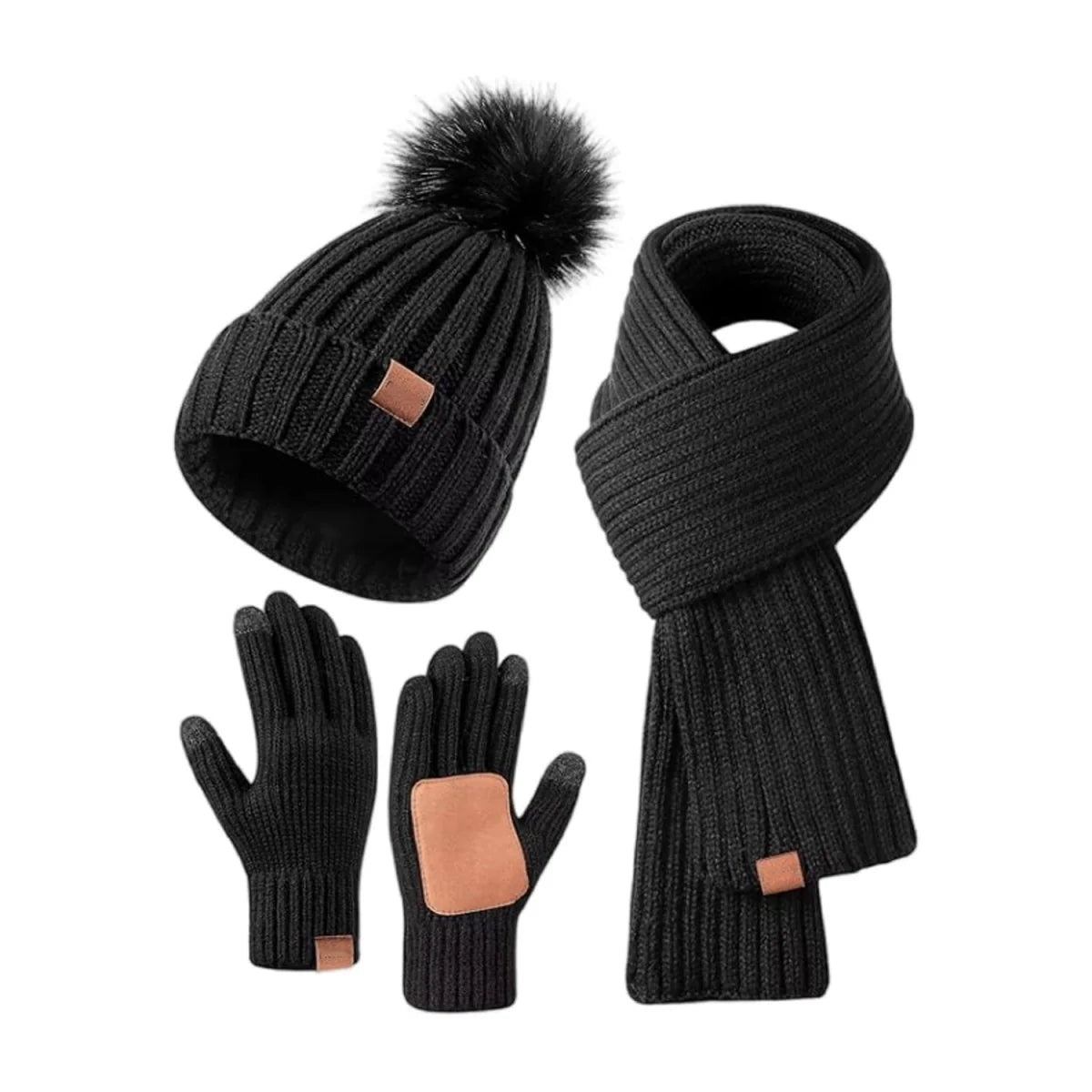 Beanie Scarf & Gloves Set Knitted Touchscreen 3-Piece