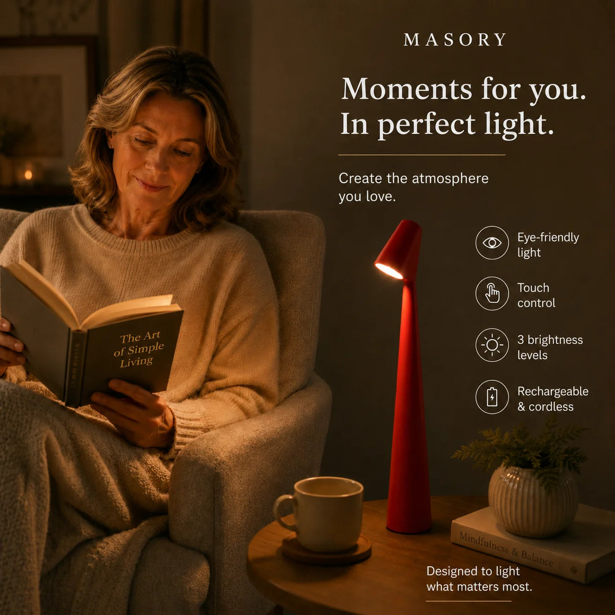 Bedside Lamp Directional Touch Dimmer USB Rechargeable