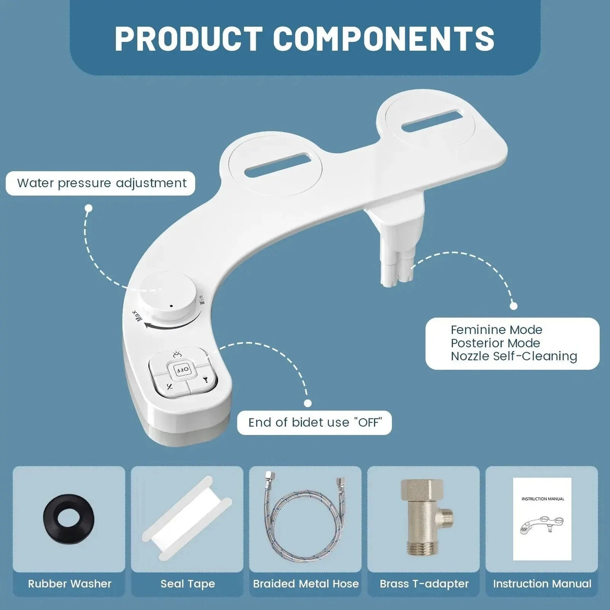 Bidet Attachment Dual Nozzles Adjustable Pressure Tool-Free Installation