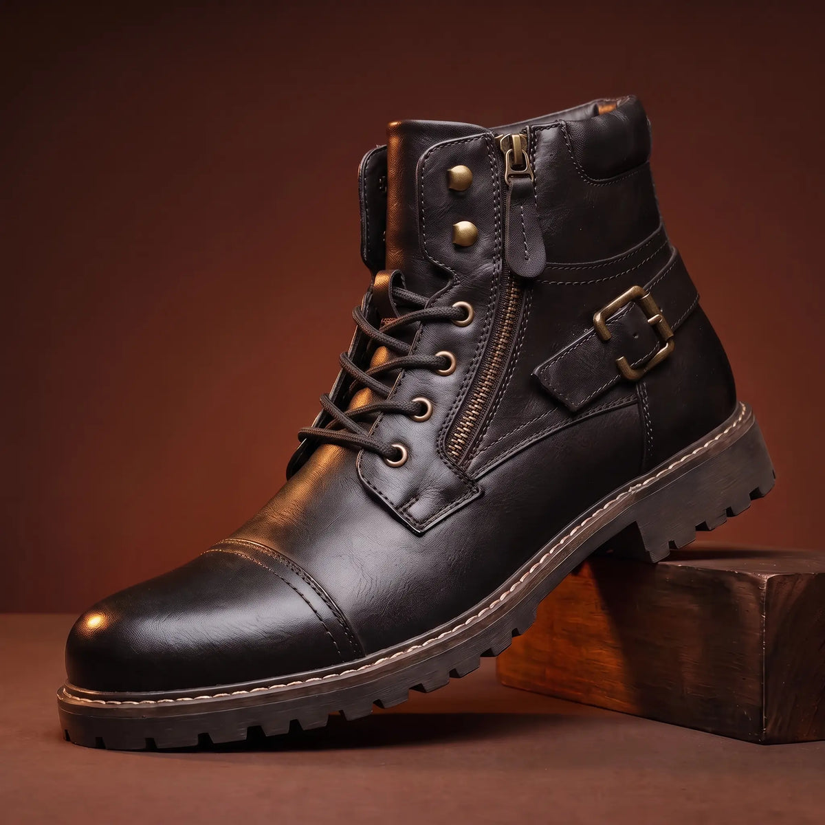Biker Boots Side Zip Lace-Up Buckle Strap Deep Tread Sole