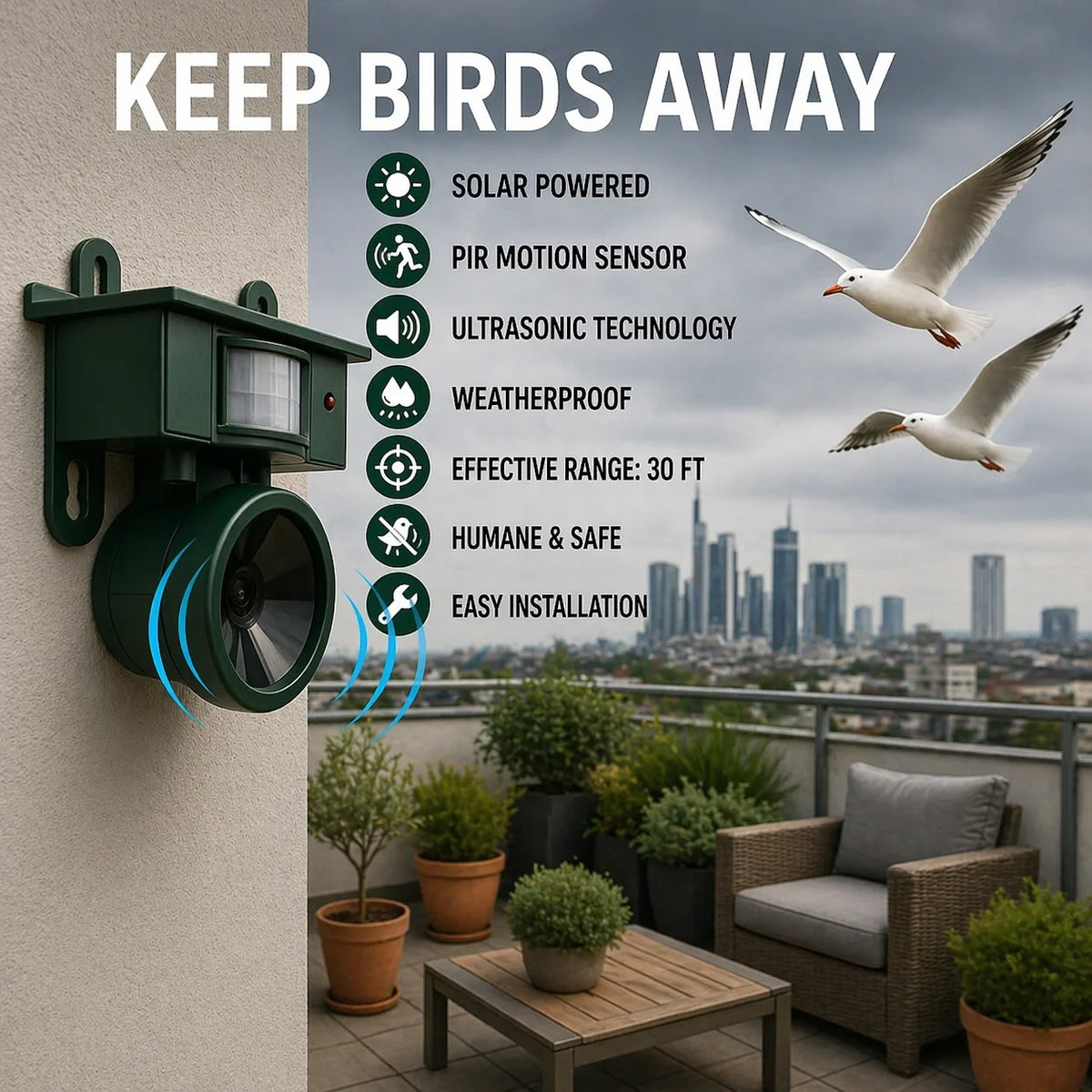 Bird Deterrent Solar-Powered Motion Sensor Natural Predator Calls