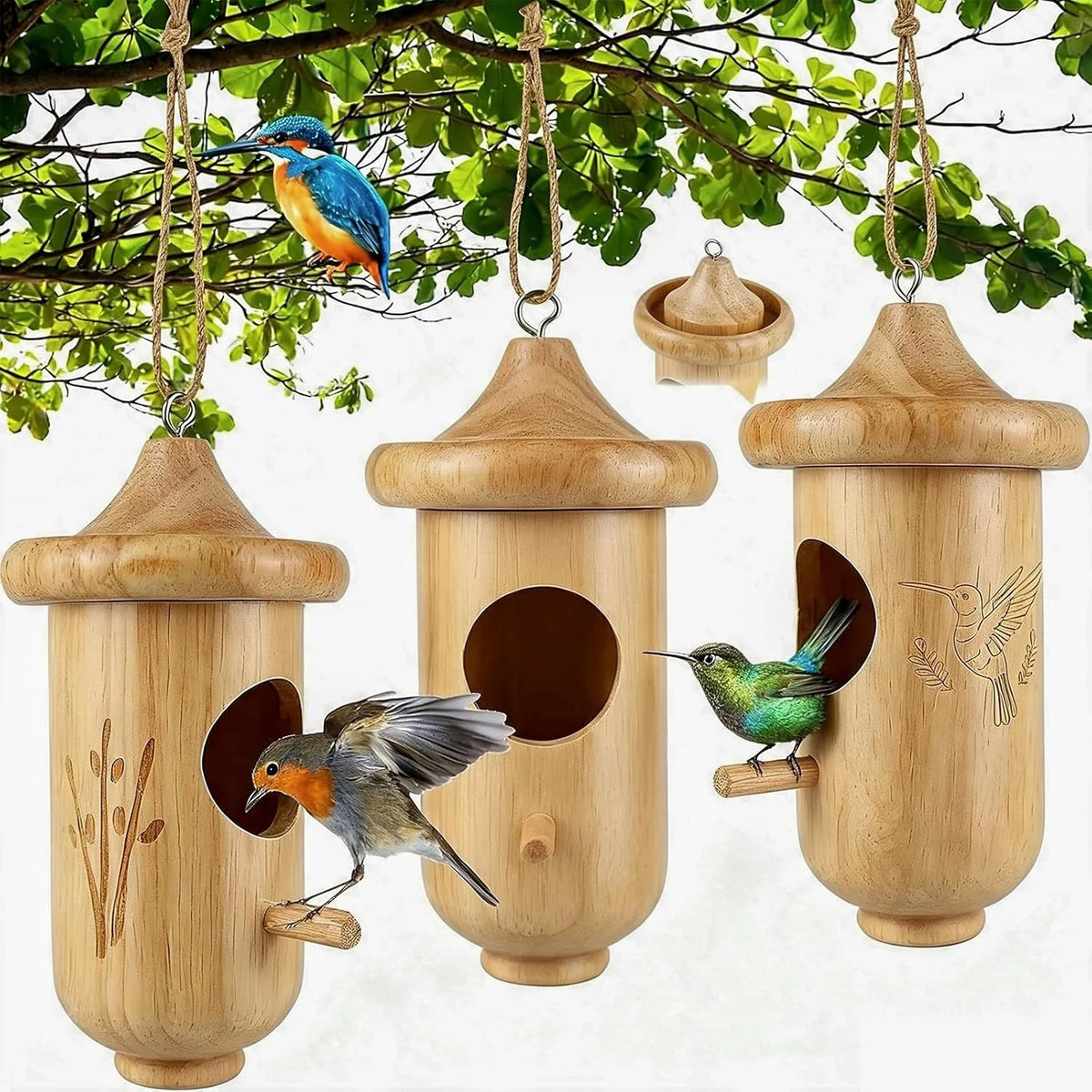Bird House Pine Wood Hinged Roof Set of 3
