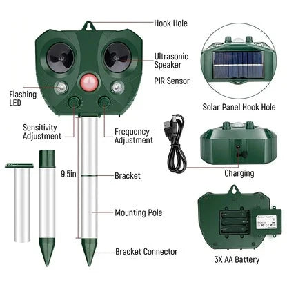 Bird Repeller Solar-Powered Ultrasonic Five Adjustable Modes