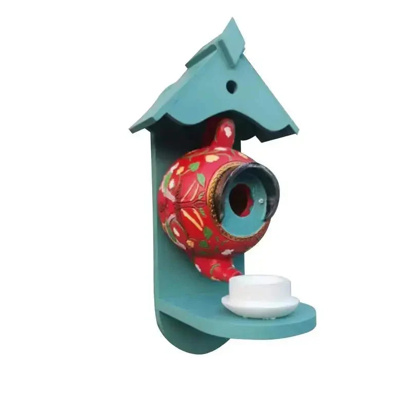 Birdhouse Hand-Painted Teapot Design UV-Resistant Resin
