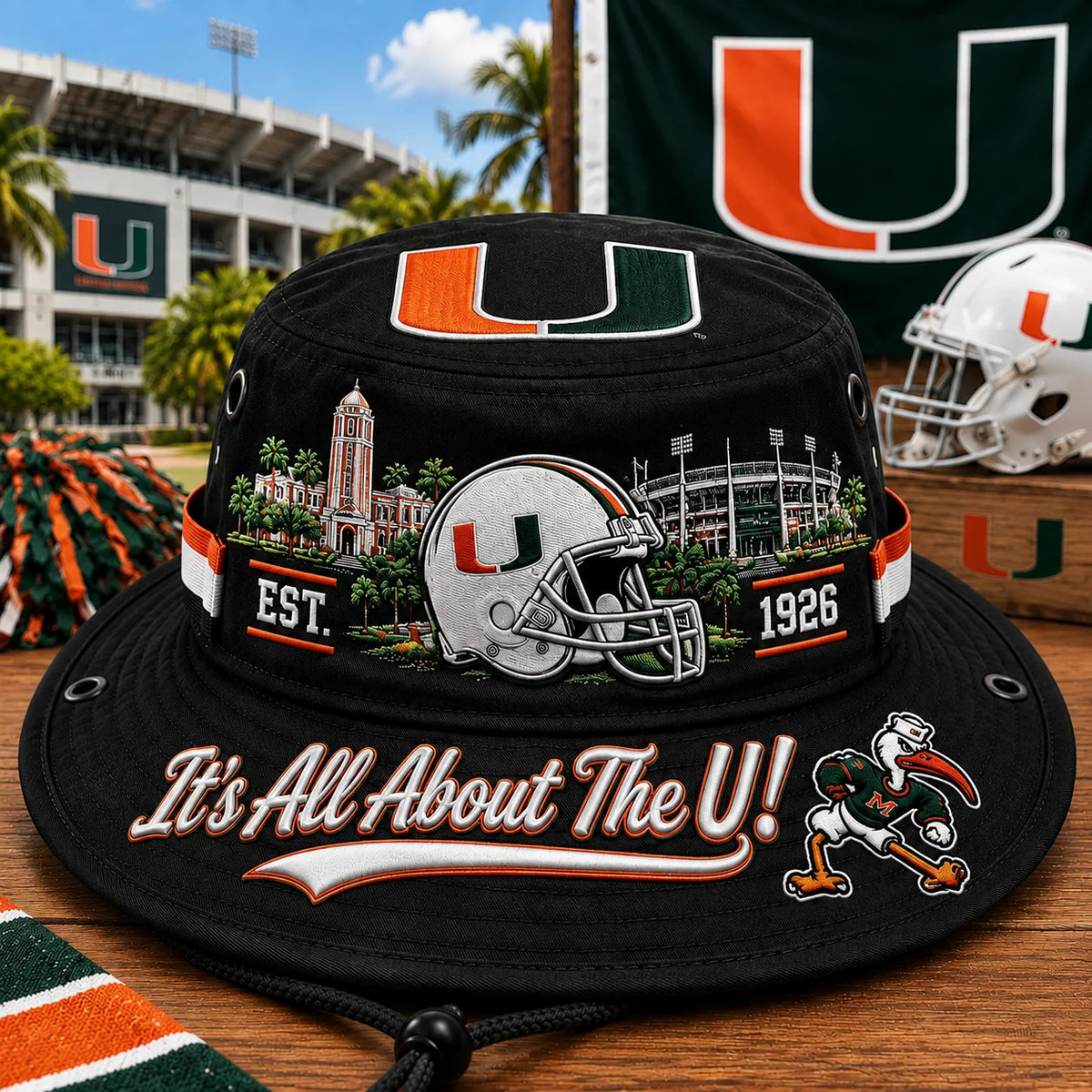 Boonie Hat Football Graphic Wide Brim Adjustable Chin Cord