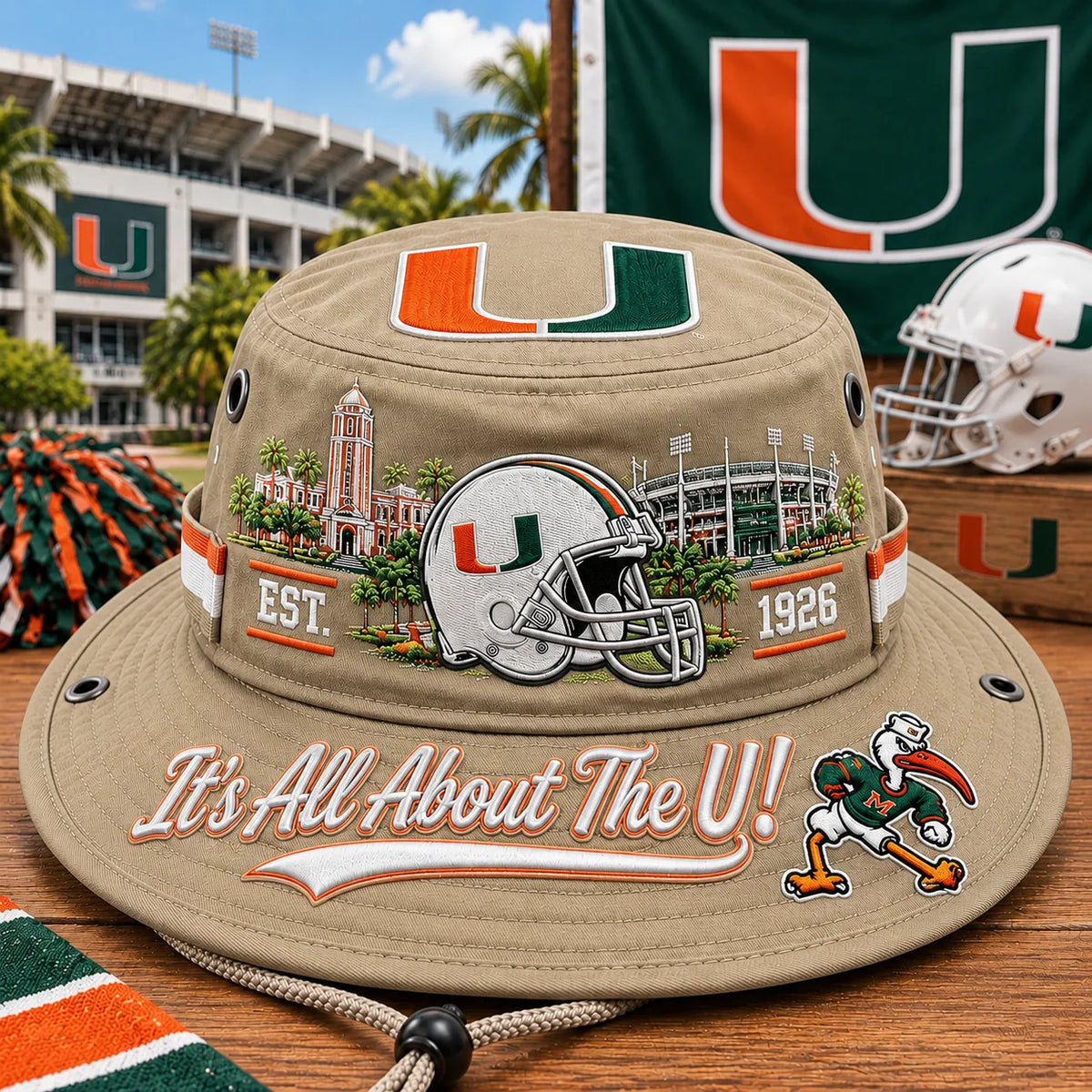 Boonie Hat Football Graphic Wide Brim Adjustable Chin Cord