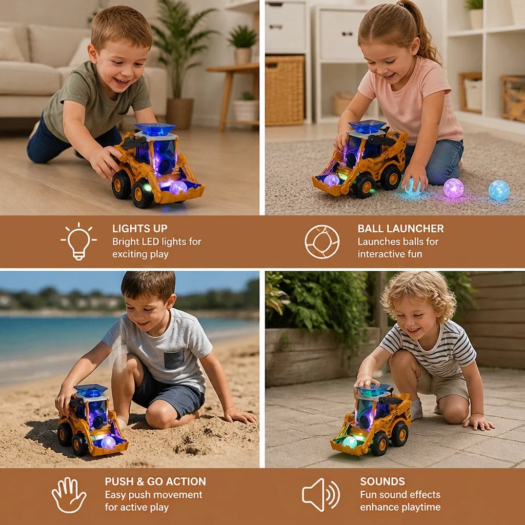 Bulldozer Toy Ball Launcher & Light-Up Lights