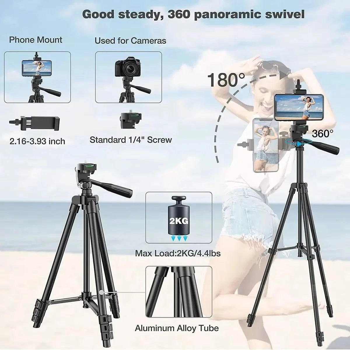 Camera Tripod Adjustable Height Wireless Remote Foldable Design