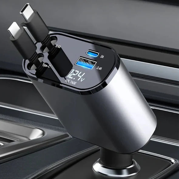Car Charger Dual Retractable Cables 4 Charging Ports