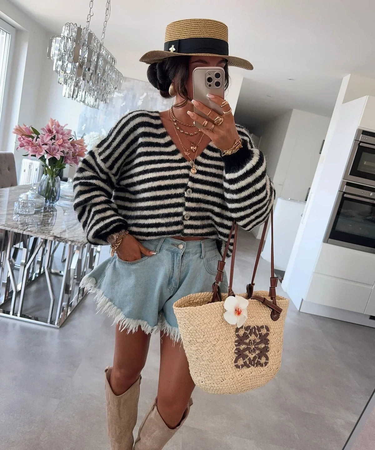 Cardigan Oversized Striped V-Neck Button Front