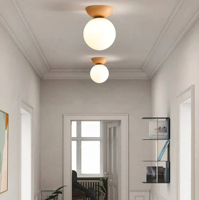 Ceiling Light Glass Globe & Wood-Grain Finish 3-Color Changeable