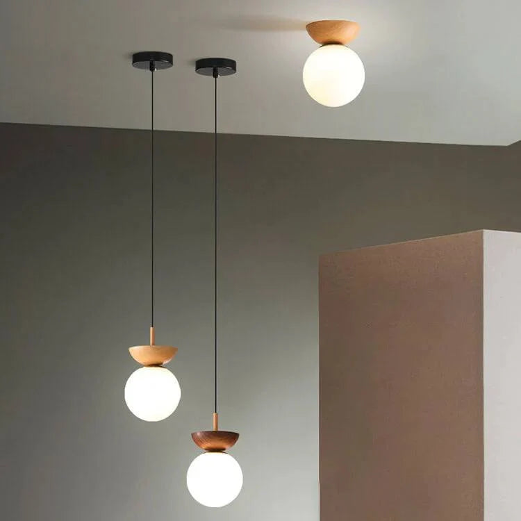 Ceiling Light Glass Globe & Wood-Grain Finish 3-Color Changeable