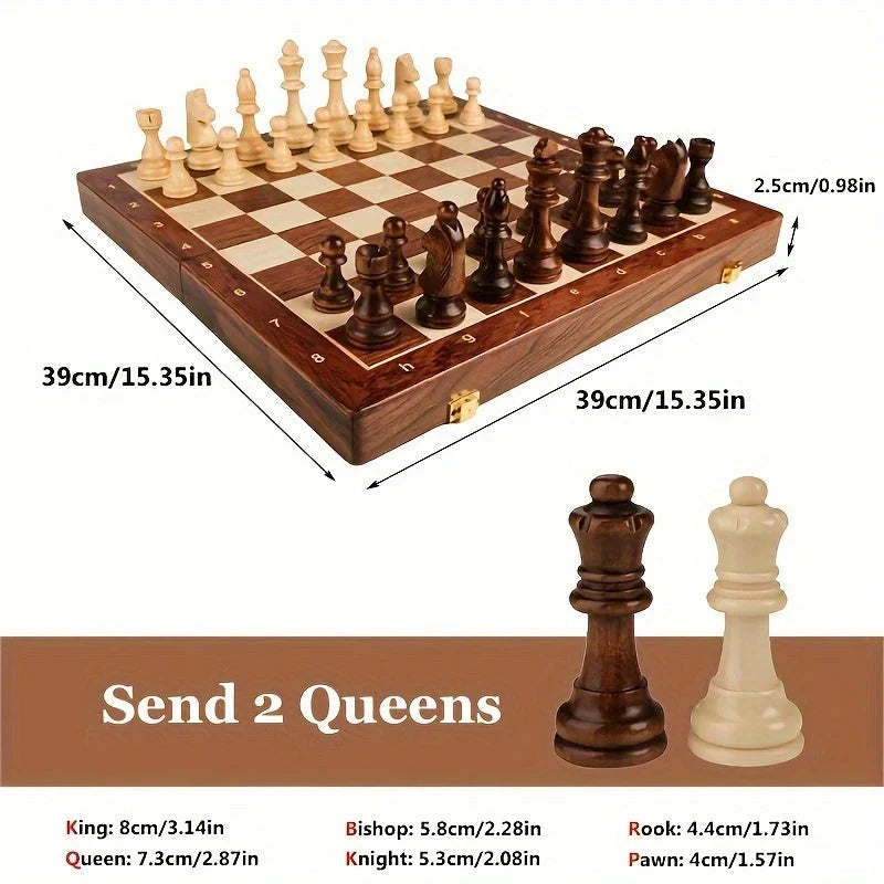 Chess Set Solid Wood Board 34 Carved Pieces Fixed Base