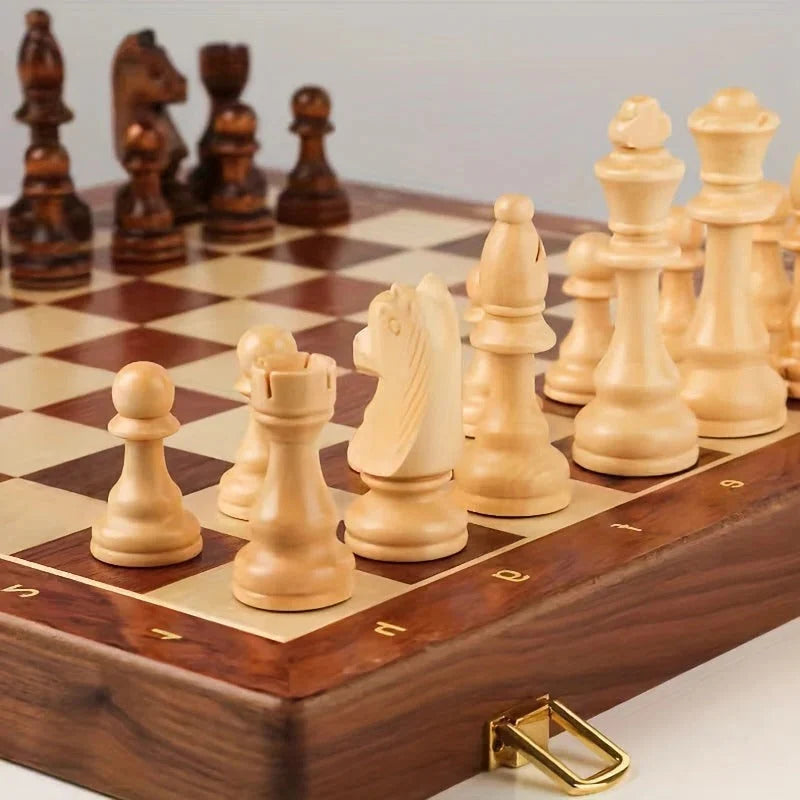 Chess Set Solid Wood Board 34 Carved Pieces Fixed Base