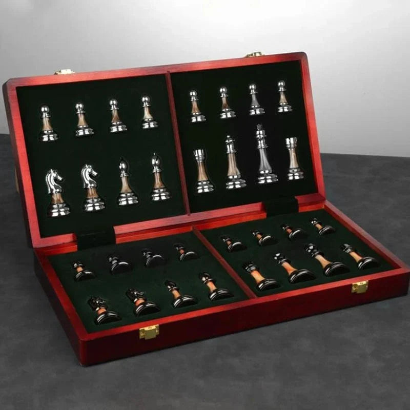 Chess Set Weighted Metal Pieces Foldable Wood Board