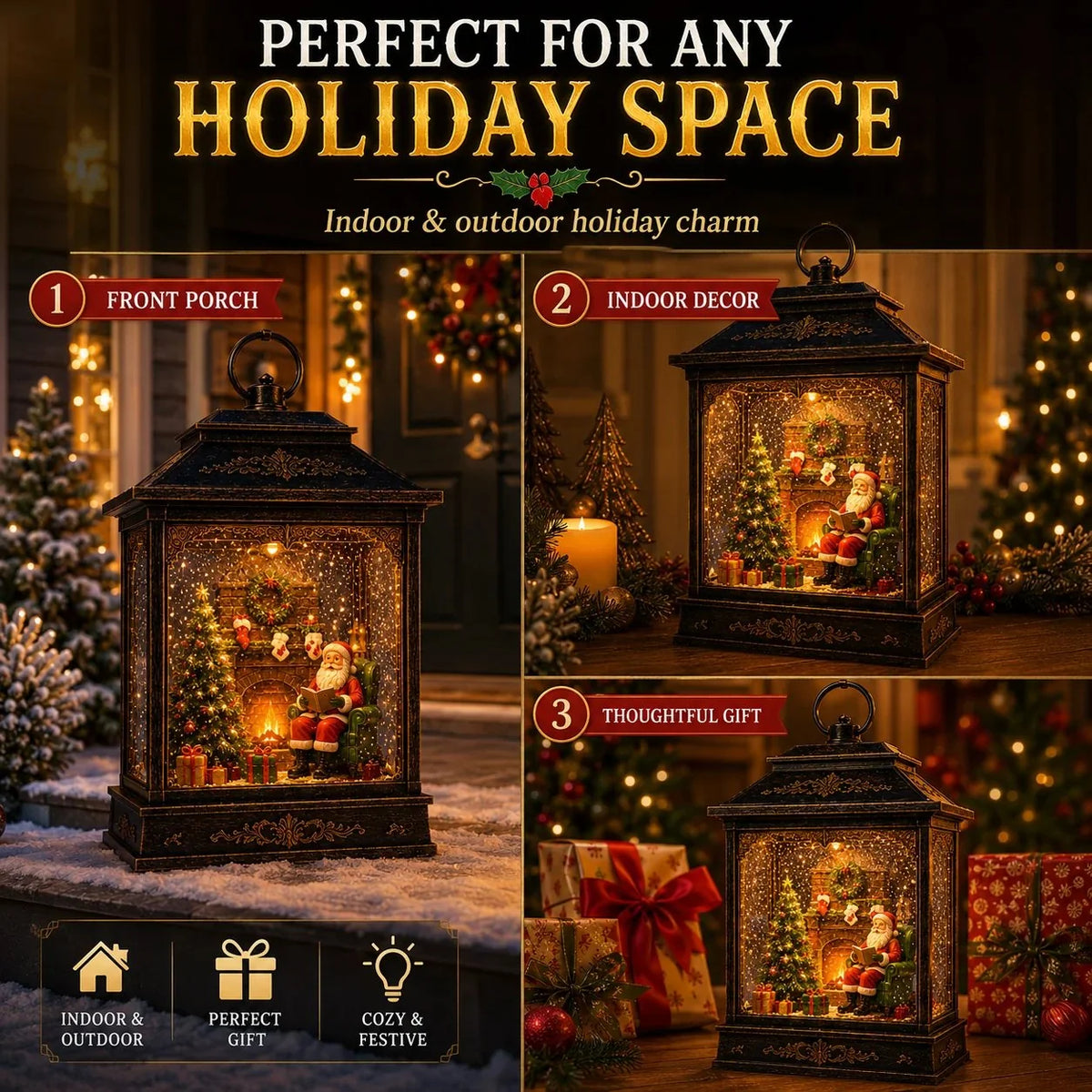 Christmas Lantern Illuminated Santa Scene Swirling Snow Effect