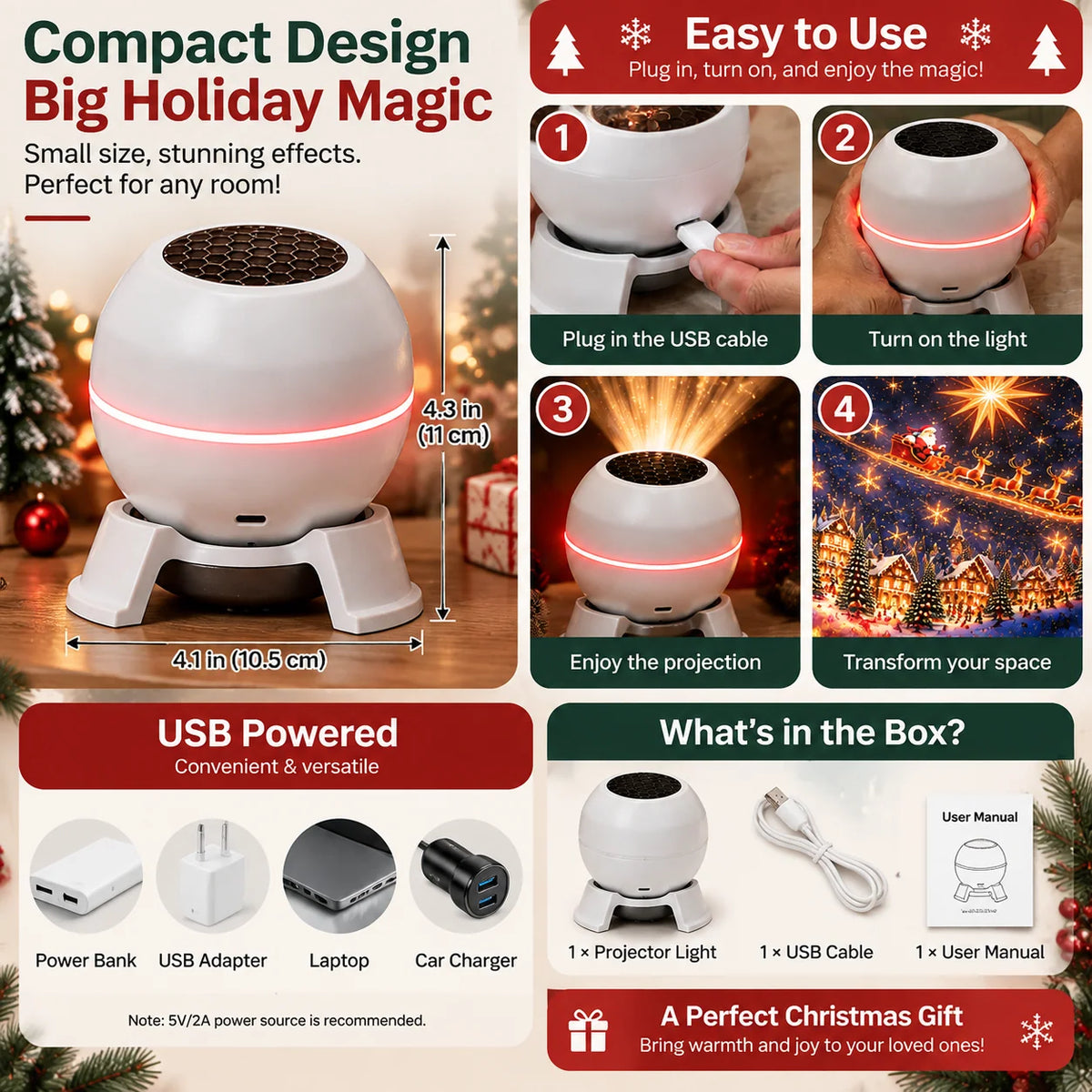 Christmas Light Projector Moving Christmas Scenes USB Powered