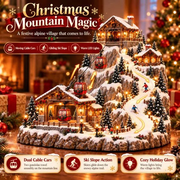 Christmas Village Scene Animated Cable Cars & Ski Slope Warm Lights