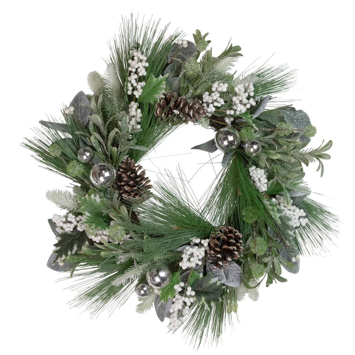 Christmas Wreath Frosted Pinecones & White Berries 24 Inch