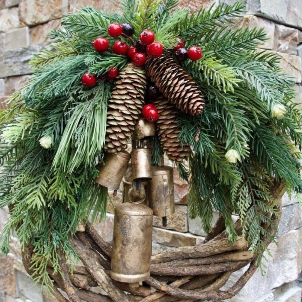 Christmas Wreath Handmade Pinecones & Bells Weather-Resistant