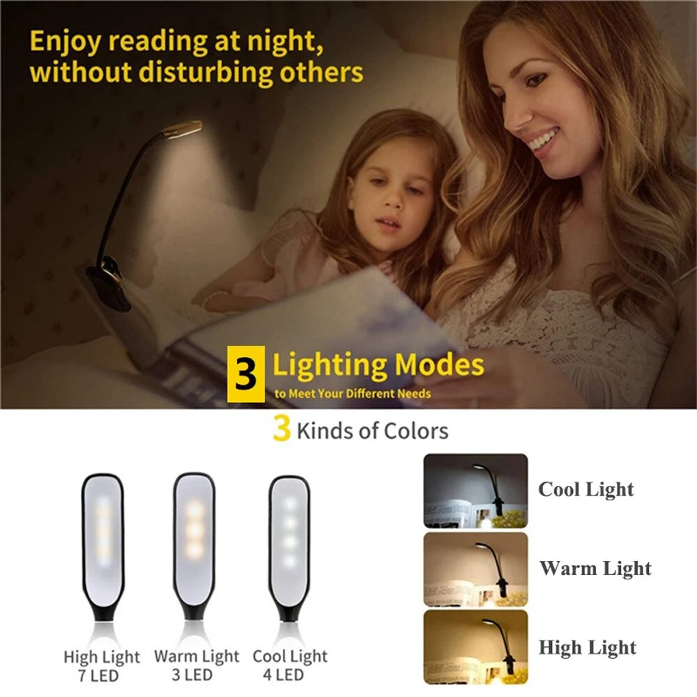 Clip-On Reading Light Three Color Modes Dimmable USB Rechargeable