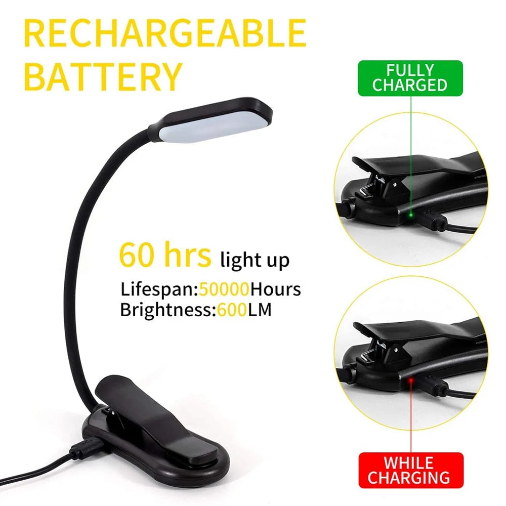 Clip-On Reading Light Three Color Modes Dimmable USB Rechargeable