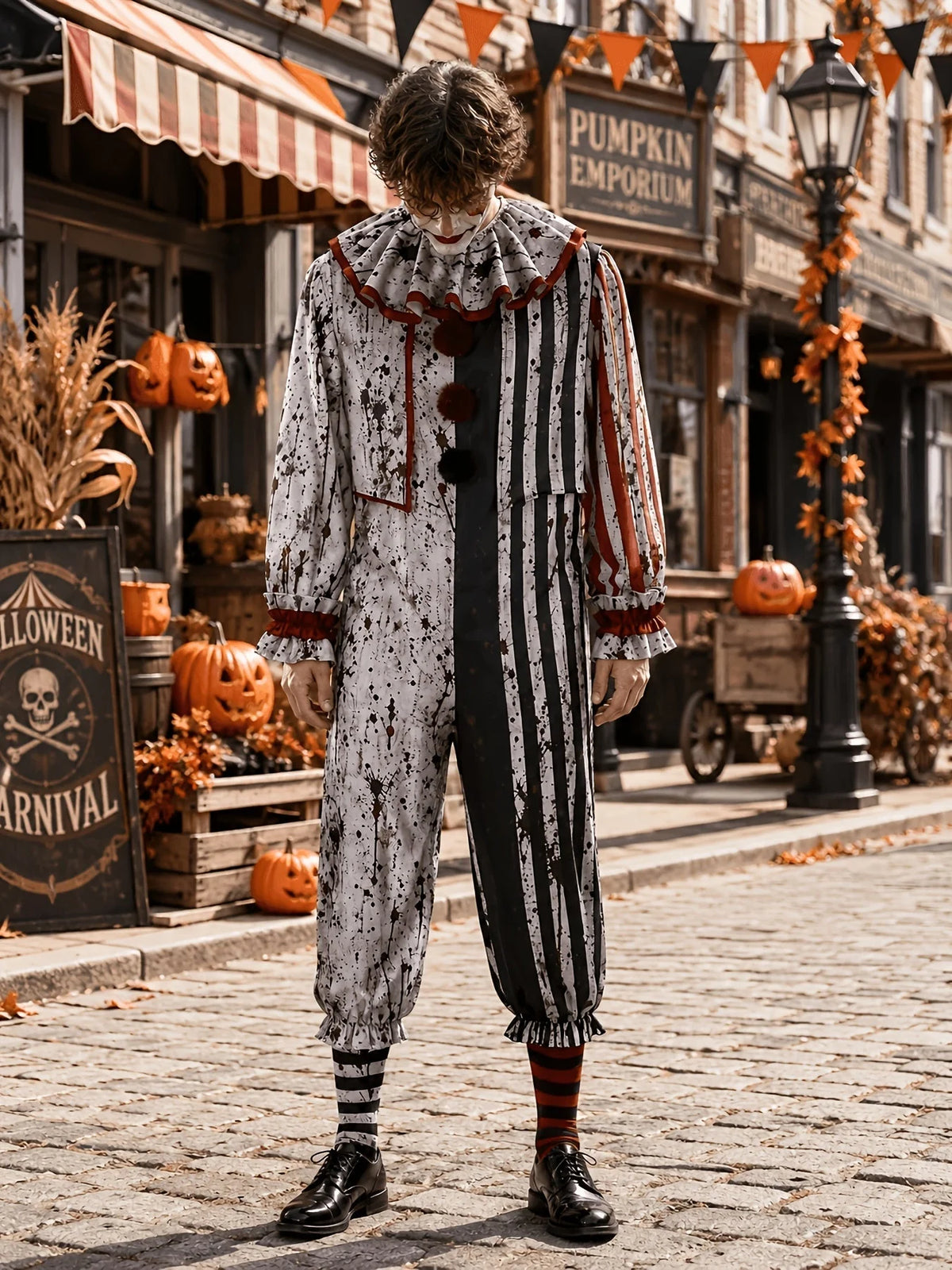 Clown Costume Striped Jumpsuit Ruffled Collar、】【