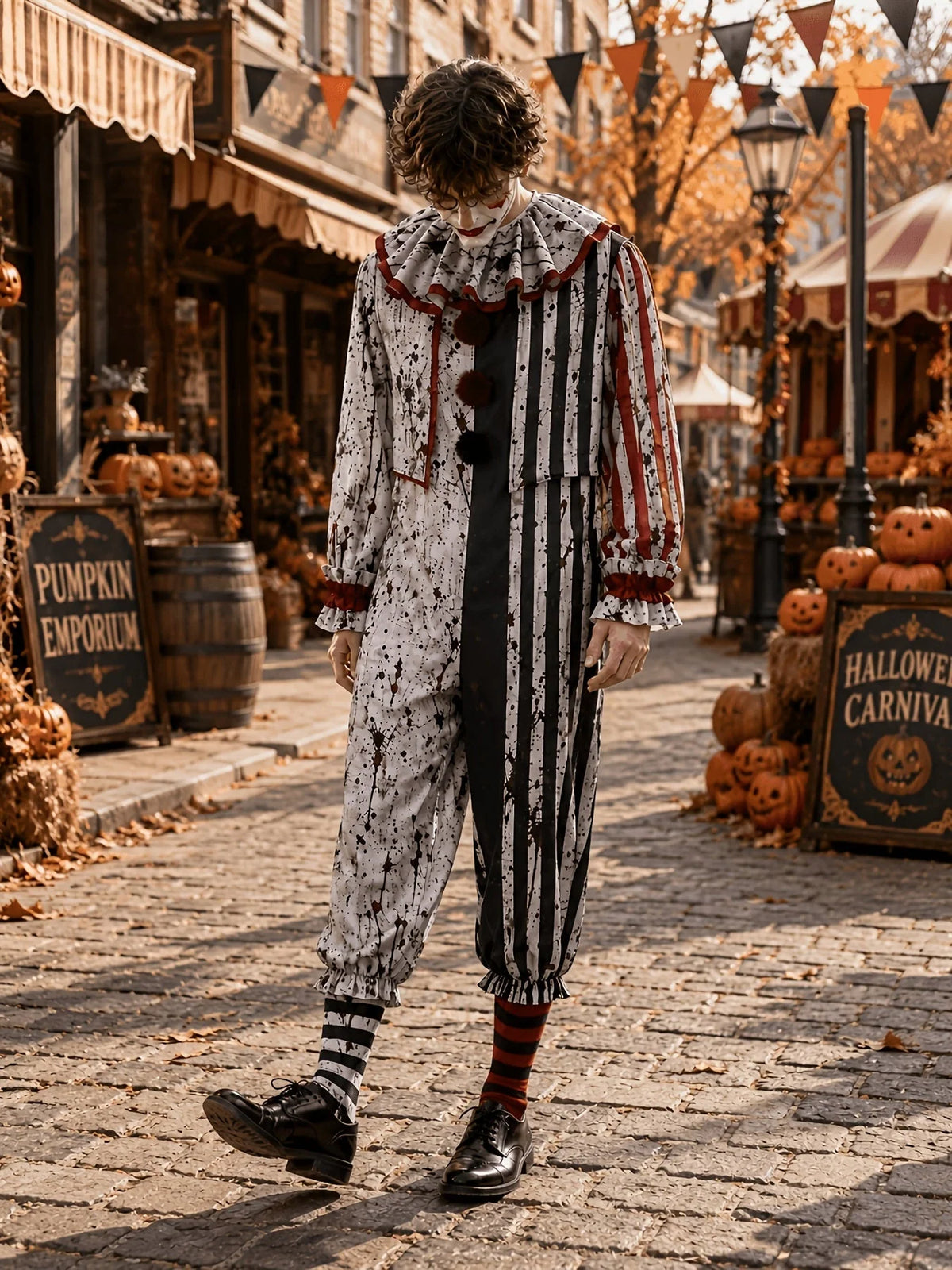 Clown Costume Striped Jumpsuit Ruffled Collar、】【