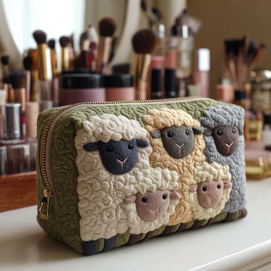 Cosmetic Bag Quilted Padded Sheep Print Zip-Around Closure