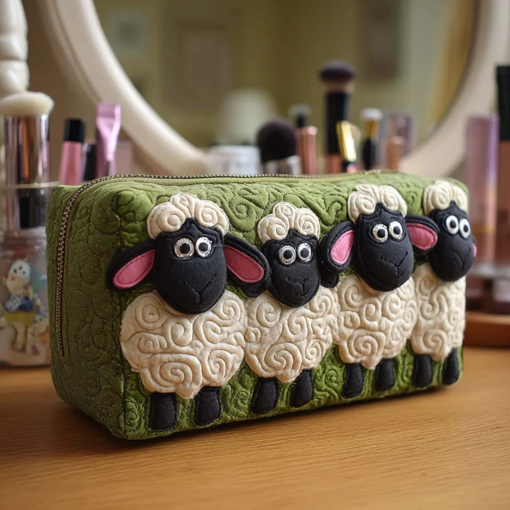 Cosmetic Bag Quilted Padded Sheep Print Zip-Around Closure