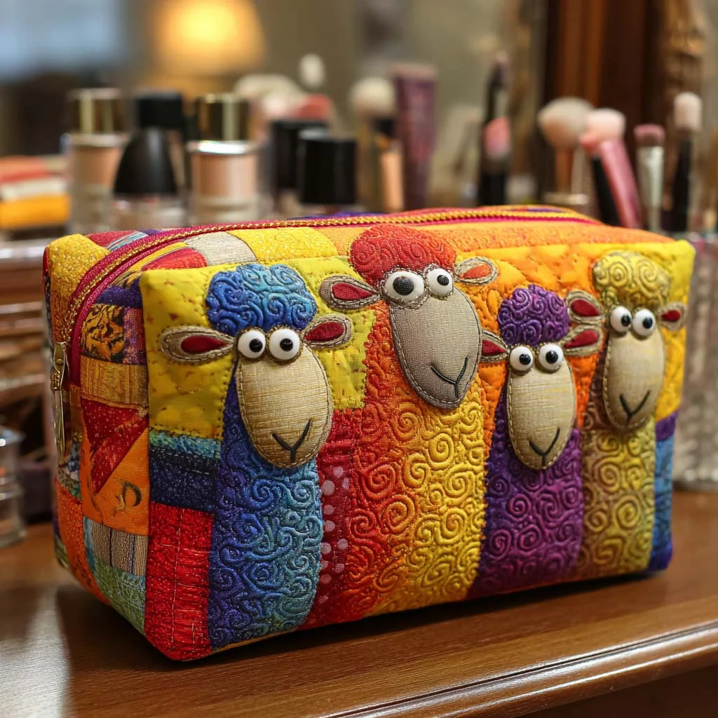 Cosmetic Bag Quilted Padded Sheep Print Zip-Around Closure