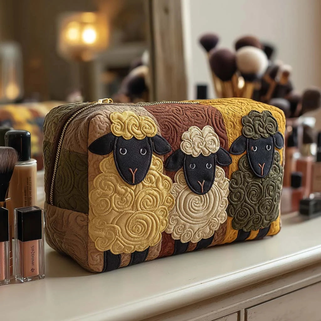 Cosmetic Bag Quilted Padded Sheep Print Zip-Around Closure