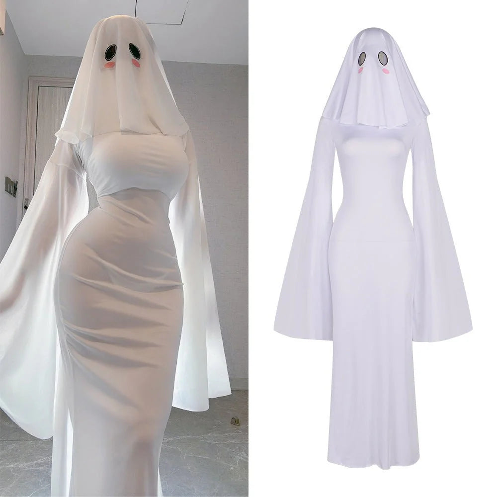 Cosplay Costume Fitted White Polyester Dress & Mask