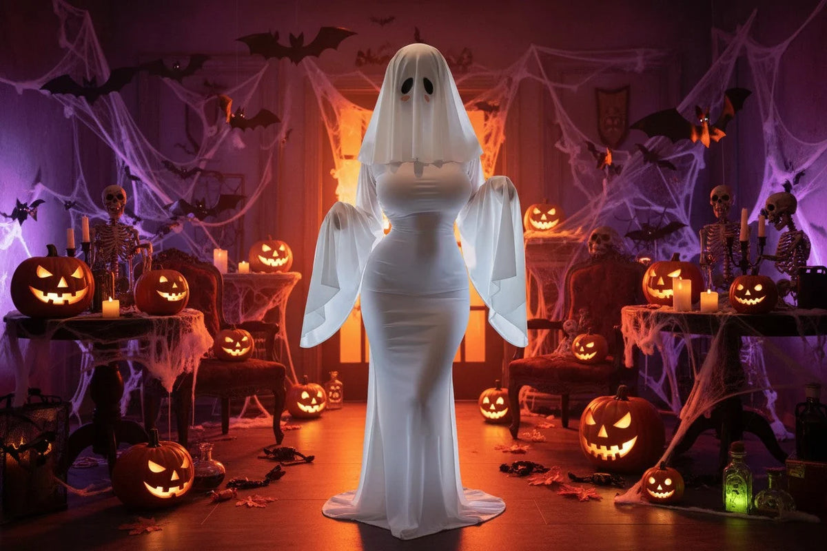 Cosplay Costume Fitted White Polyester Dress & Mask