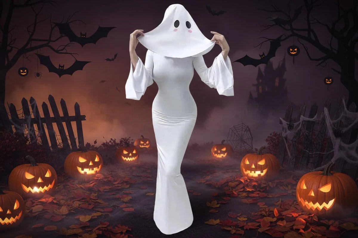 Cosplay Costume Fitted White Polyester Dress & Mask