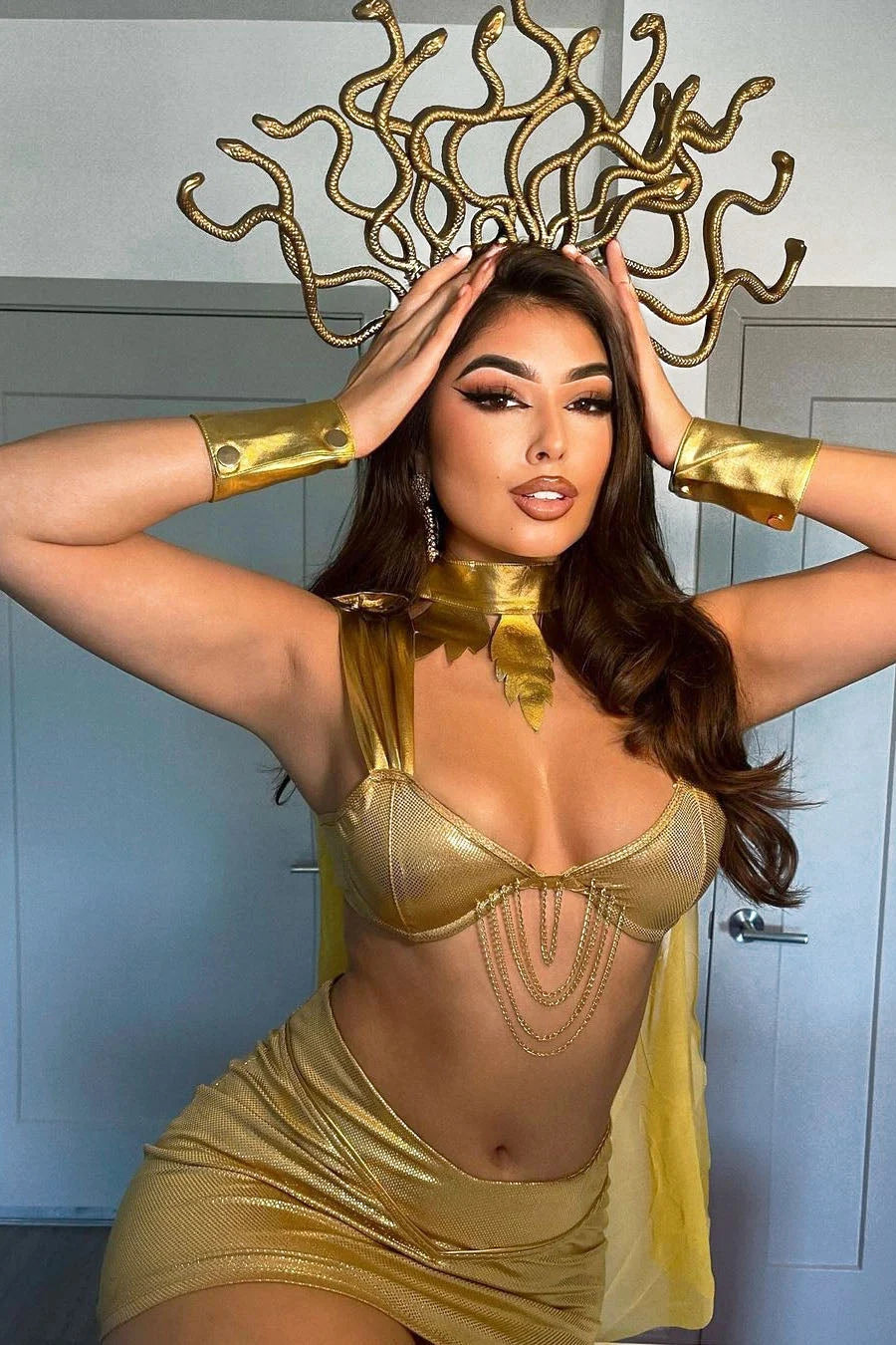 Costume Set Gold Snake Goddess Five-Piece Stretch Polyester