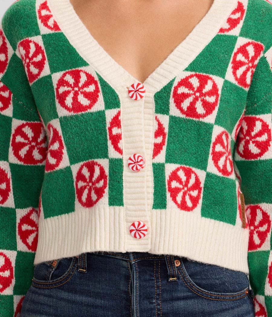 Cropped Cardigan Mint Green Checkered Cotton Blend Stretch