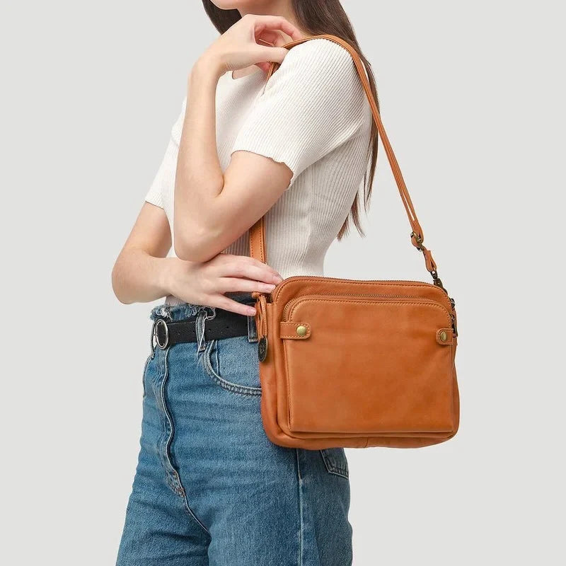 Crossbody Bag Full-Grain Leather Fits 10-Inch Tablet Multiple Compartments