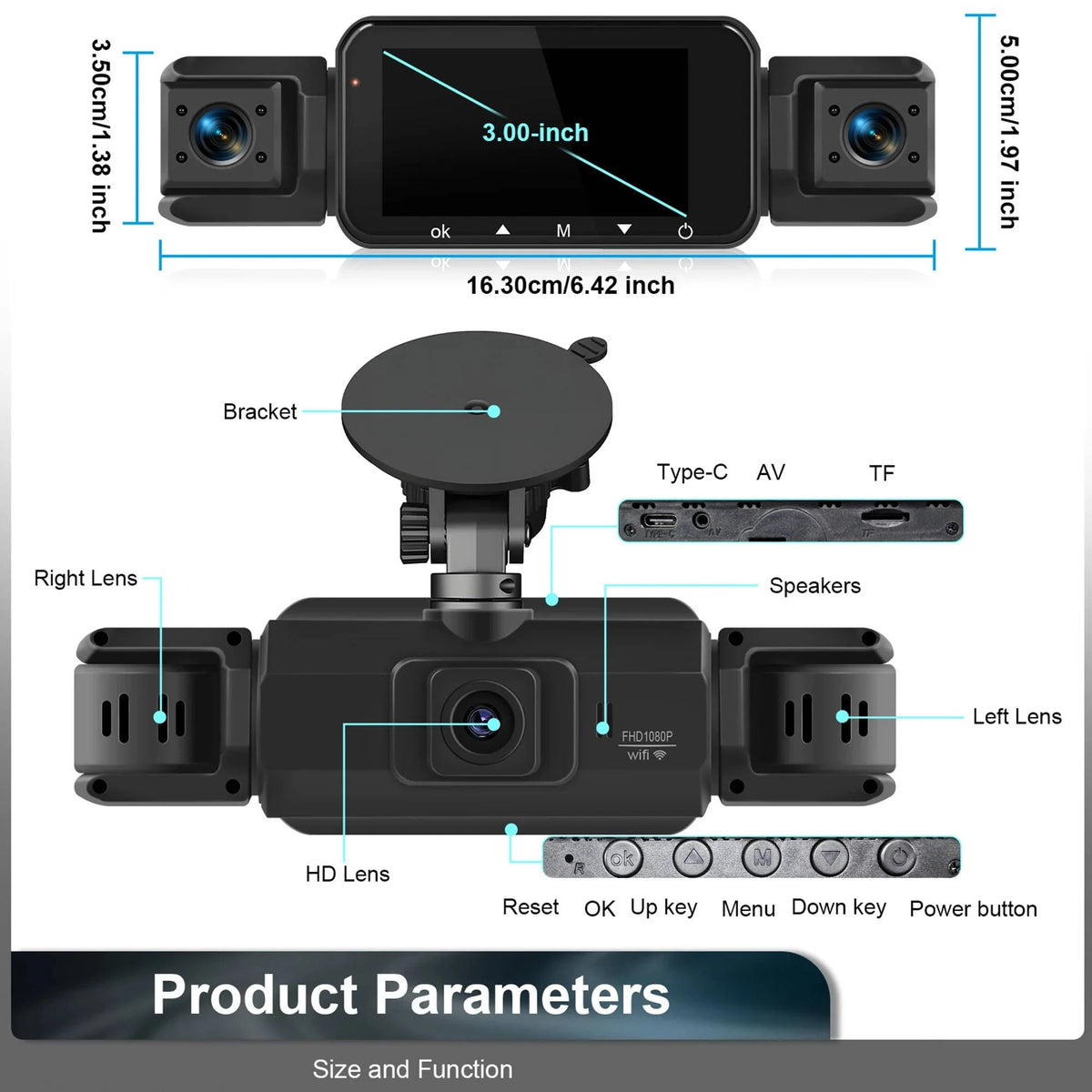 Dash Cam 4-Channel Infrared Night Vision WiFi App Viewing
